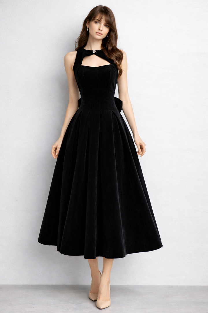 Name: sleeveless fit-and-flare dress with keyhole neckline and back bow – RUBINA