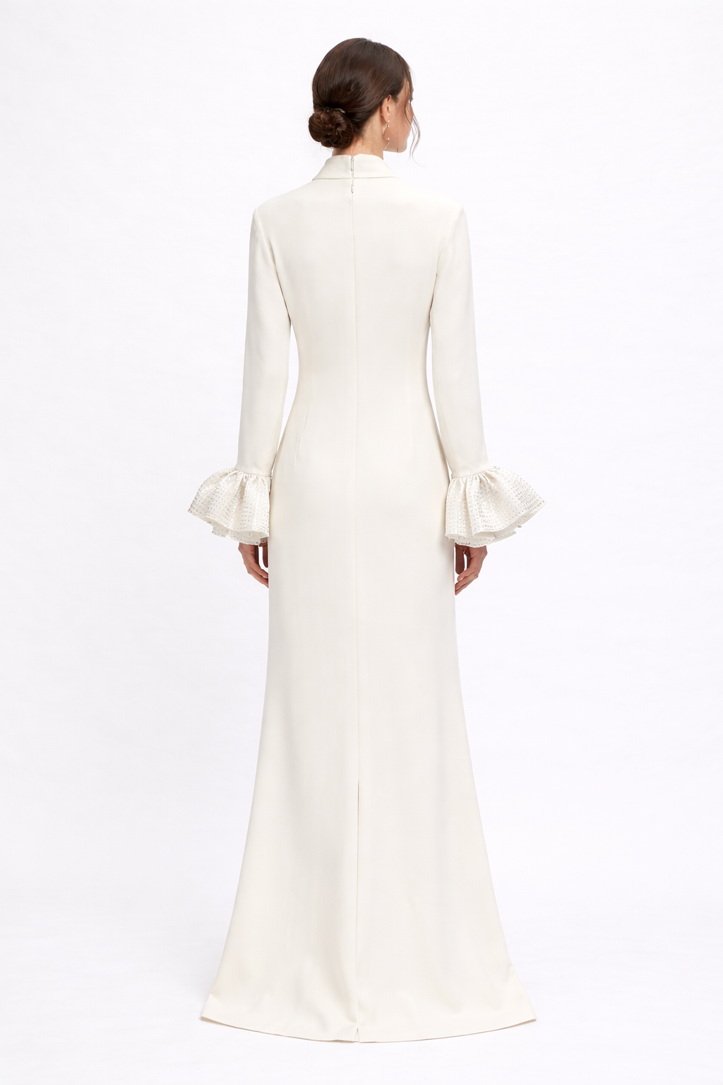 high-neck long sleeve maxi dress with ruffle cuffs – LUMINA