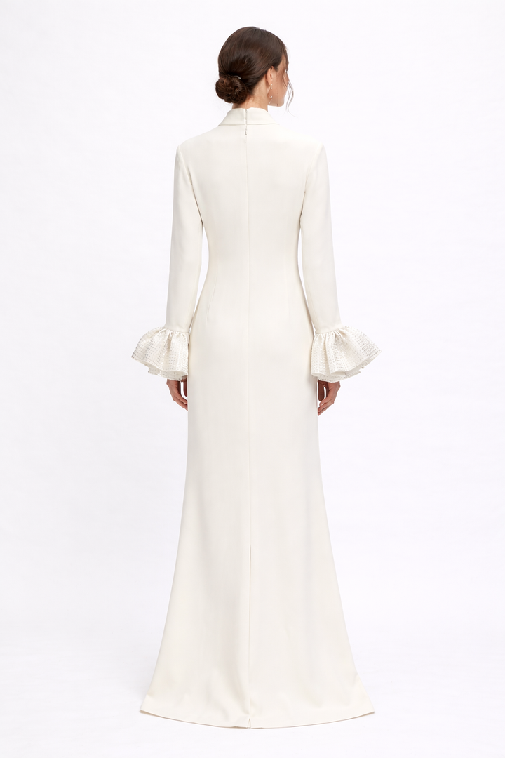 high-neck long sleeve maxi dress with ruffle cuffs – LUMINA