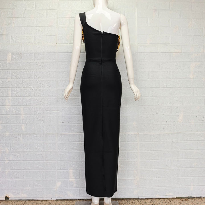 one-shoulder column dress with metallic ruffle neckline – AURELIA
