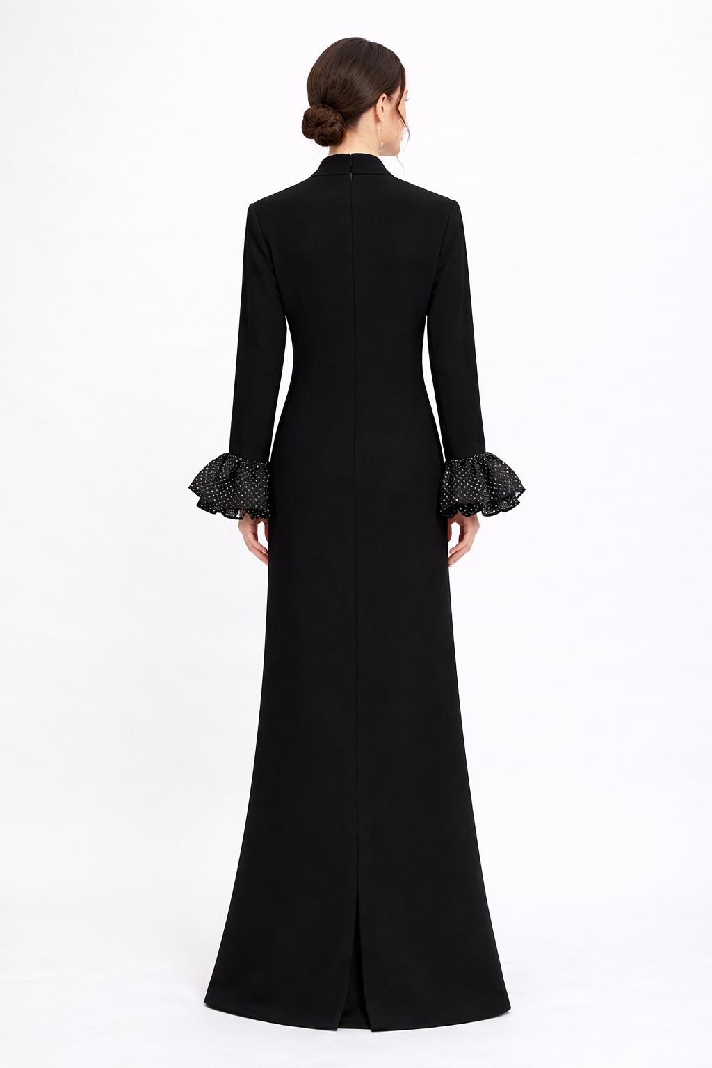 high-neck long sleeve maxi dress with ruffle cuffs – LUMINA