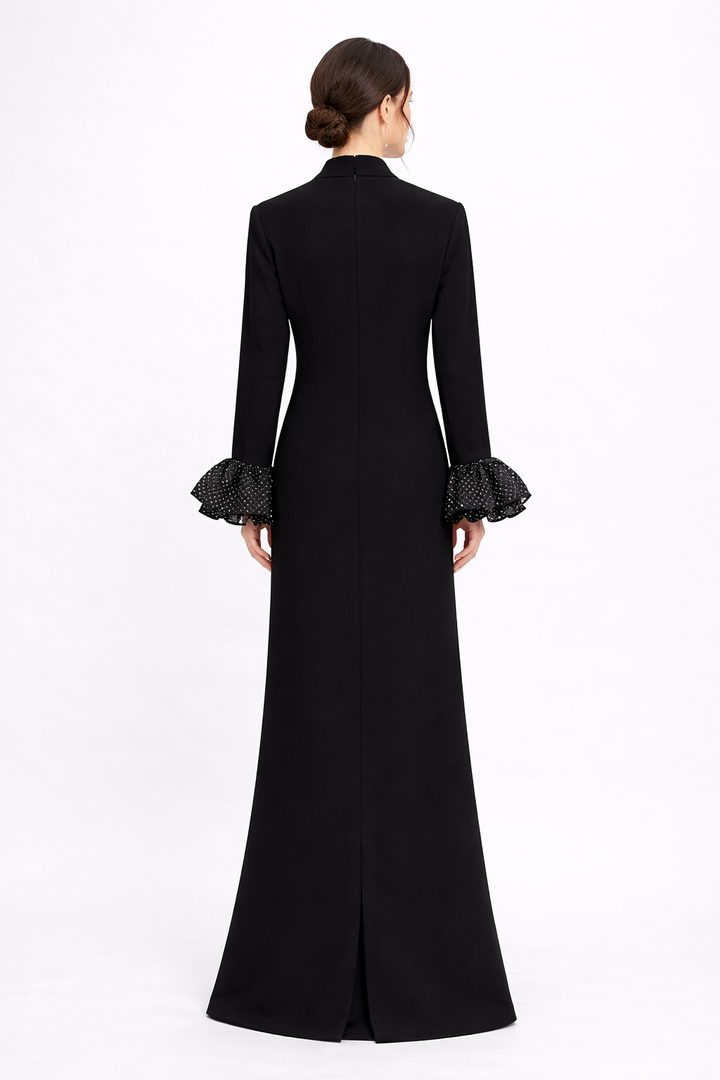 high-neck long sleeve maxi dress with ruffle cuffs – LUMINA