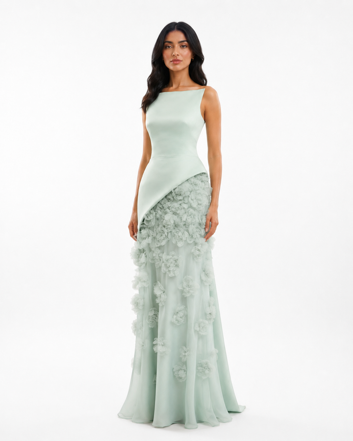 Floral Embellished Mint Evening Gown - SERÉLLE