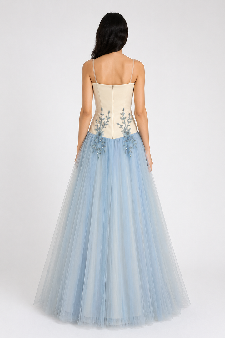 Beige & Dusty Blue Tulle Evening Dress with Floral Embroidery – AZURÉ