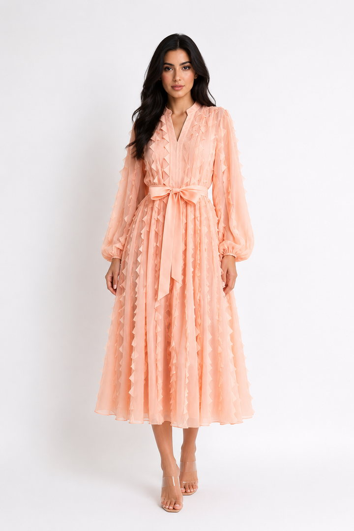 Ruffled Chiffon Tie-Waist Midi Dress - Ivory