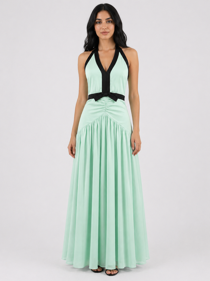 Mint Green Halter Maxi Dress with Black Contrast - LUMÉA