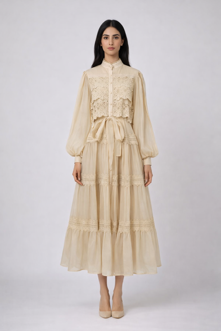 long sleeve layered lace dress with belted waist – SERENA