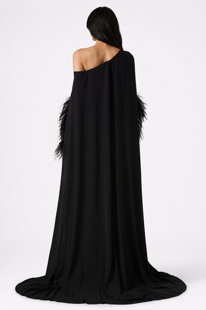 Feathered One-Shoulder Evening Gown - NOIRÉ