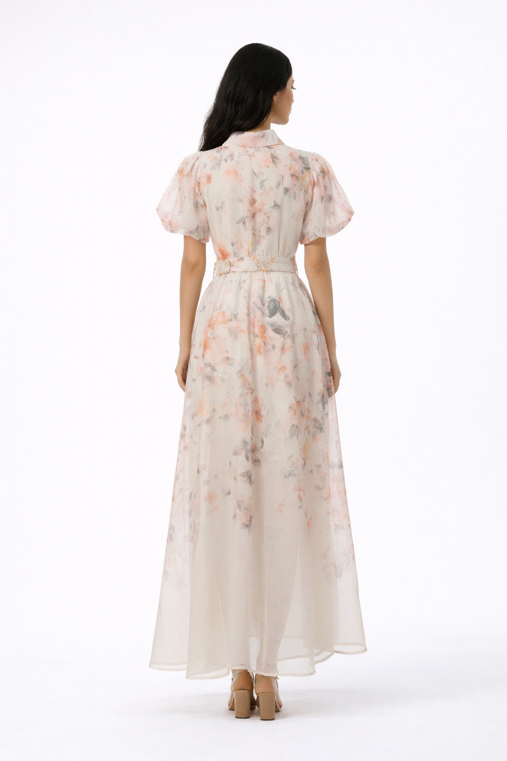 sheer floral maxi dress with puff sleeves and belt – BLOSSOM