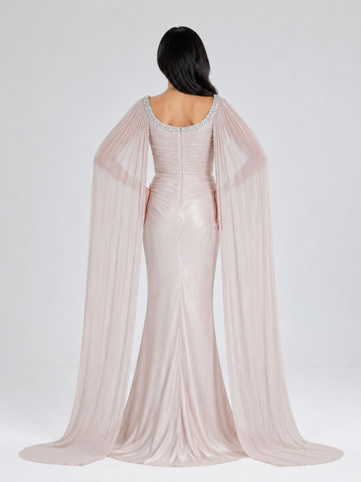 Elegant Pleated Cape Evening Dress - Glamour