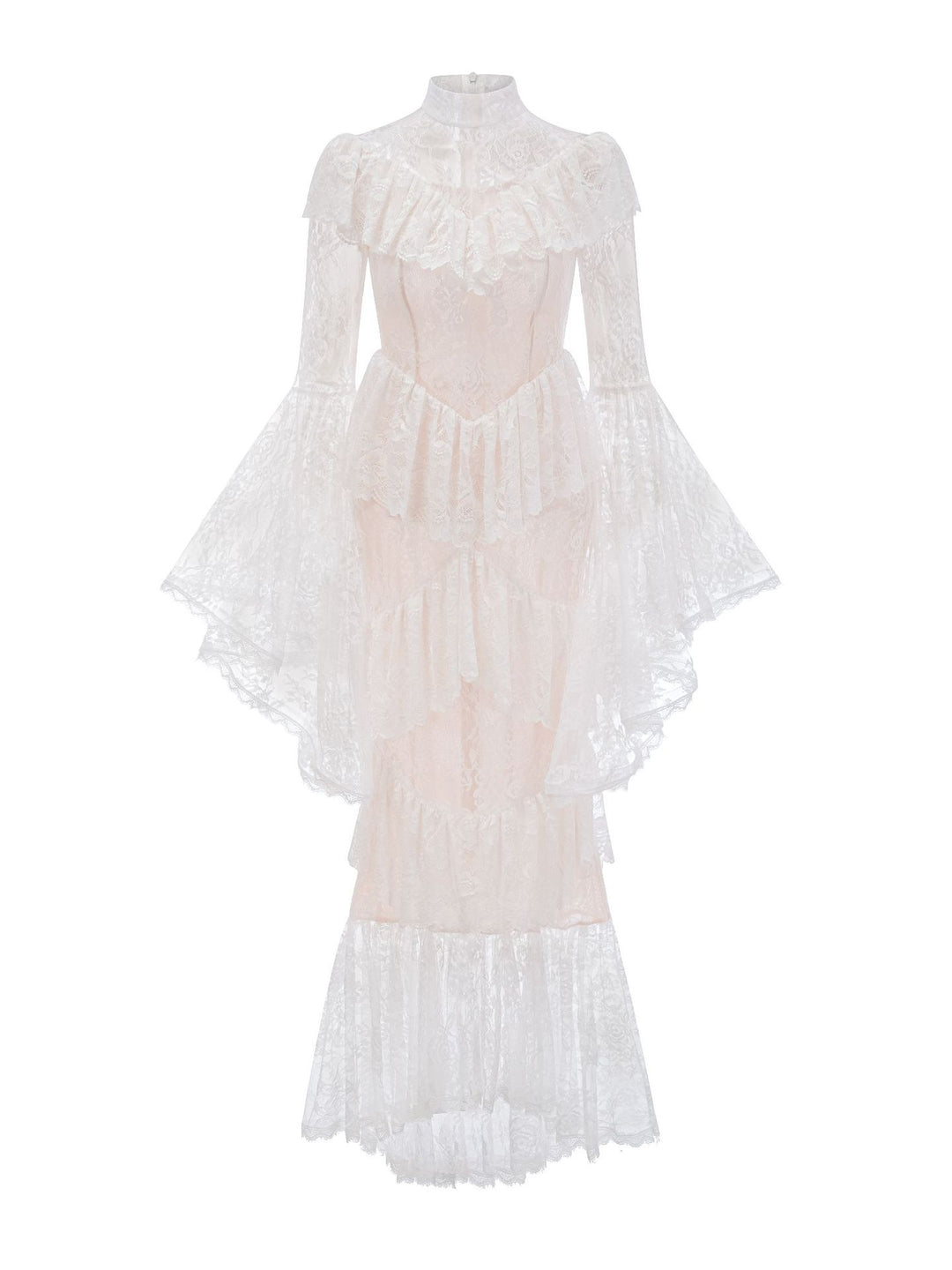 high neck lace ruffle dress with sheer panels – NOIR