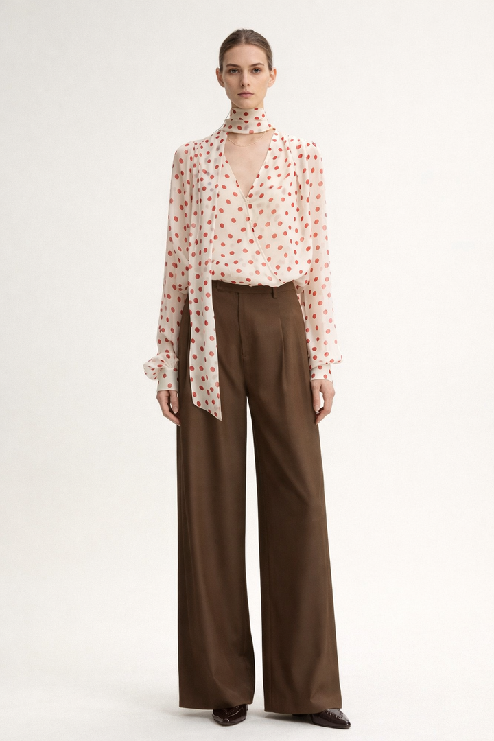 long sleeve polka dot wrap blouse with scarf tie – ROUGE