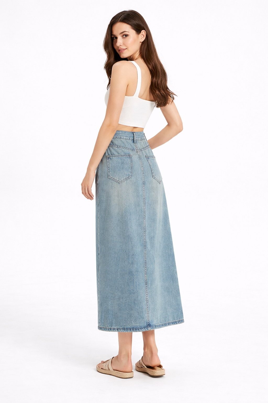 high-waisted denim midi skirt with front slit – SIENNA