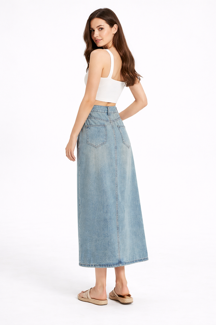 high-waisted denim midi skirt with front slit – SIENNA