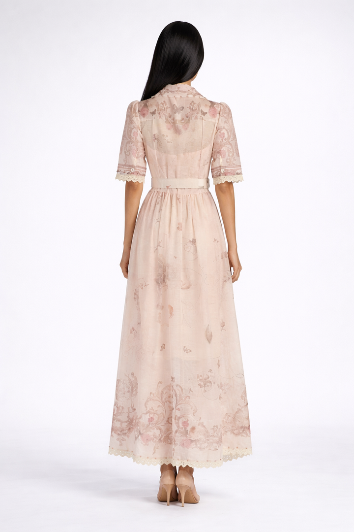 short sleeve vintage print chiffon maxi dress with belt – AURELIA