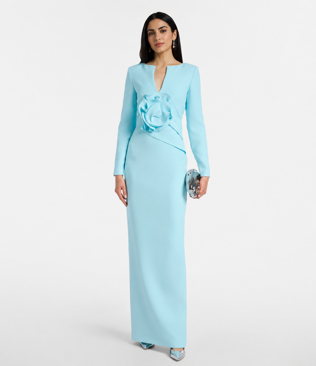 Sky Blue Floral Accent Column Gown - Celeste