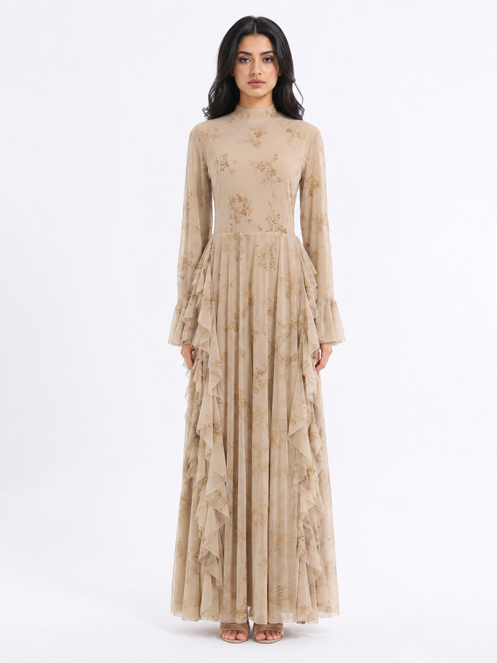 Floral Jacquard Ruffle Maxi Dress - Taupe
