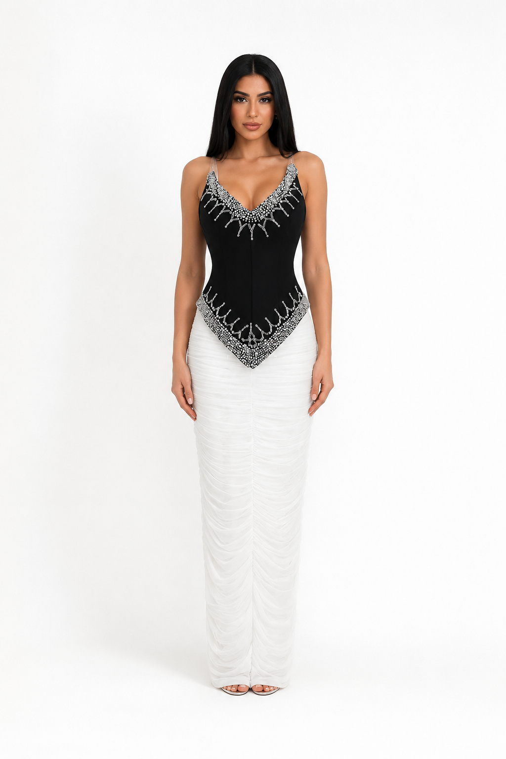Crystal Contrast Ruched Midi Dress - Luna