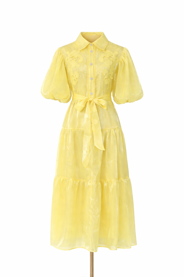 puff sleeve shirt midi dress with embroidered bodice and belt – OLIVIA