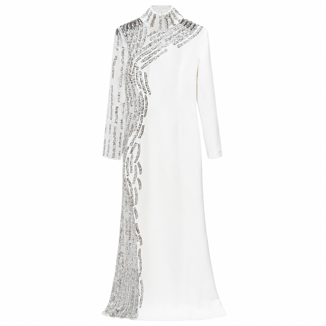 White Embellished High-Neck Evening Gown – Crystal