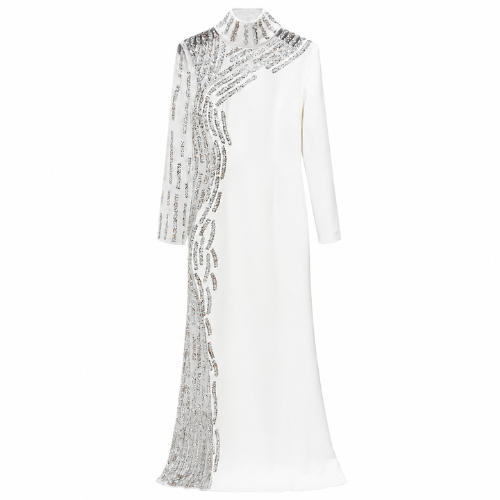White Embellished High-Neck Evening Gown – Crystal