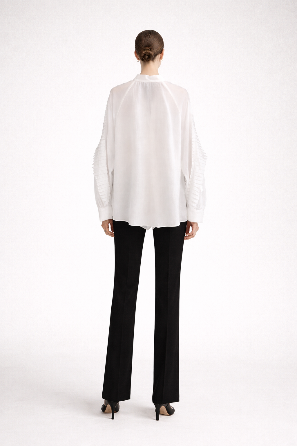 Elegant Pleated Panel White Shirt Statement Long Sleeve Blouse-SERAB