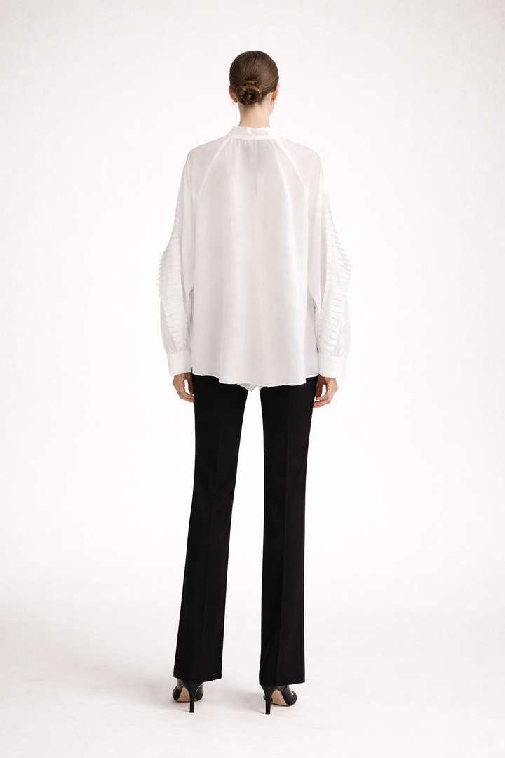 Elegant Pleated Panel White Shirt Statement Long Sleeve Blouse-SERAB