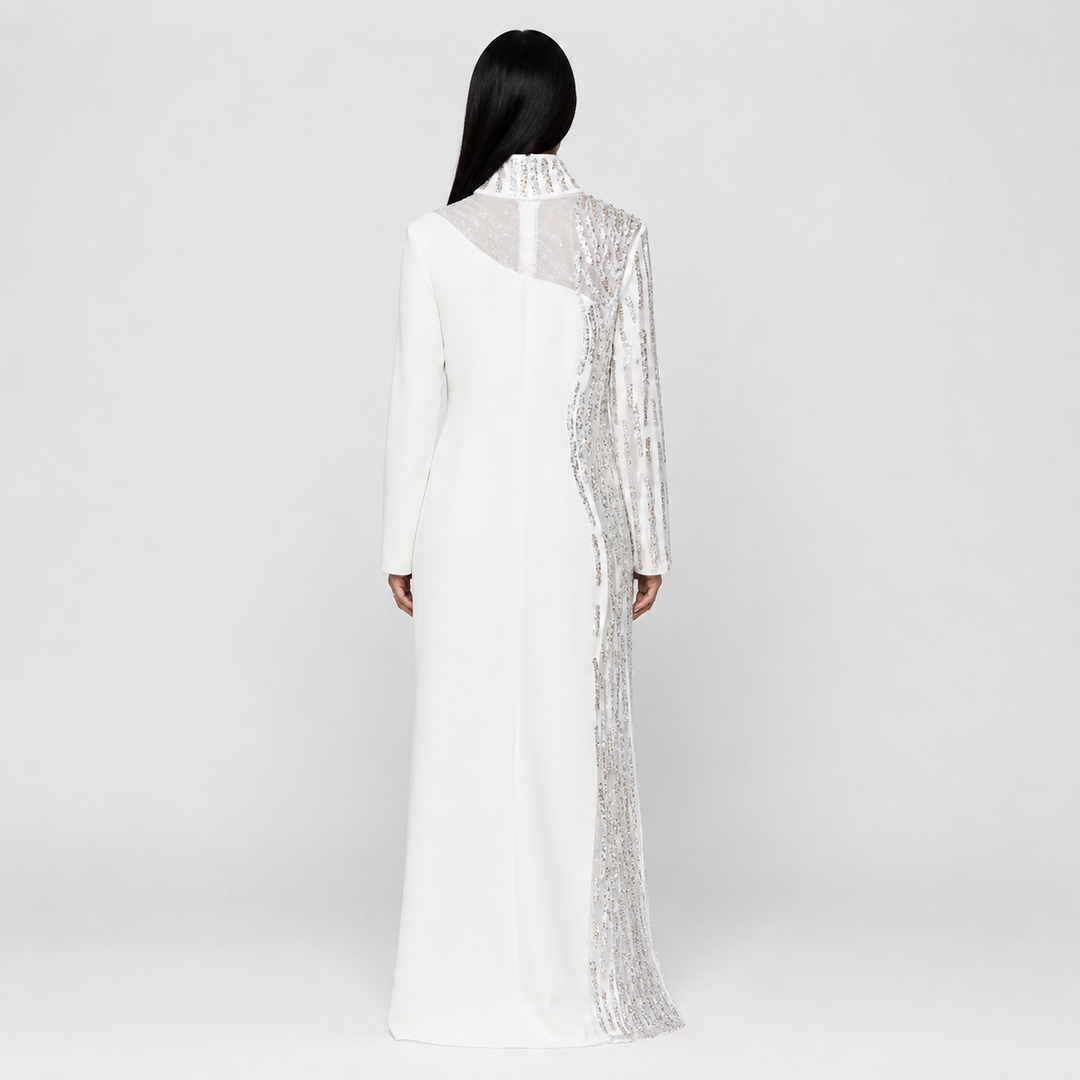White Embellished High-Neck Evening Gown – Crystal