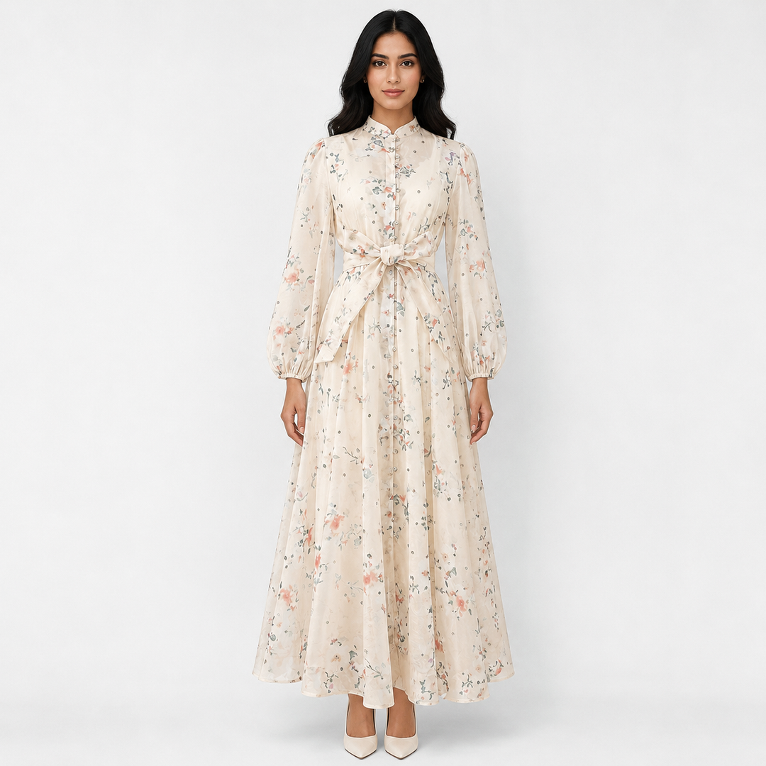 Botanical Print Maxi Dress with Waist Tie - Ocean