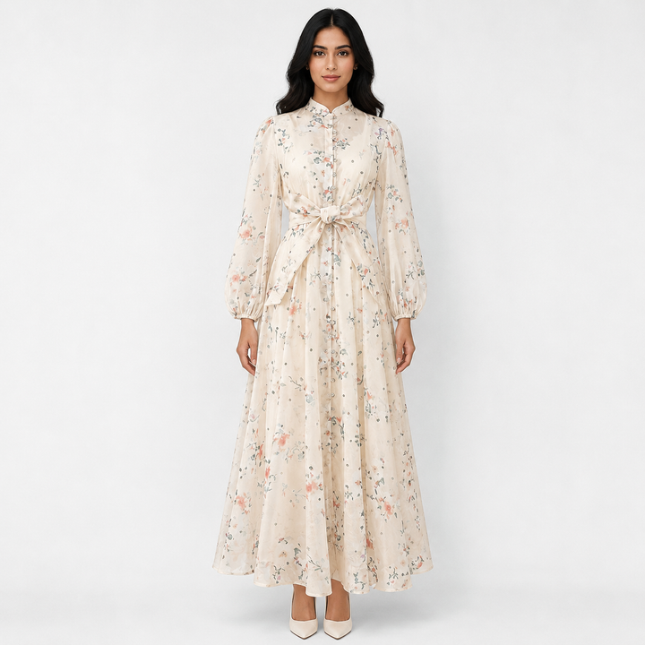 Botanical Print Maxi Dress with Waist Tie - Ocean