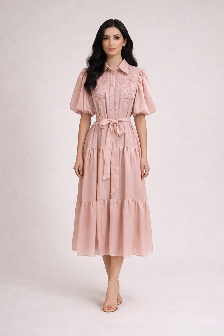 puff sleeve shirt midi dress with embroidered bodice and belt – OLIVIA
