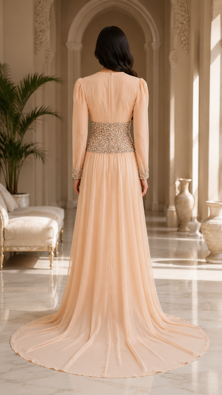 Blush Embellished Chiffon Cape Gown - Aurelia