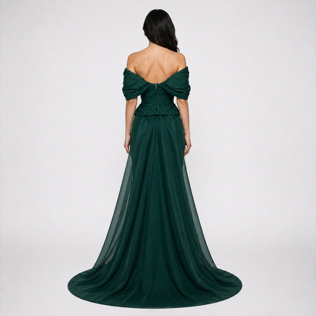 Emerald Off-Shoulder Structured Mermaid Evening Dress with Draped Train – VÉRONA