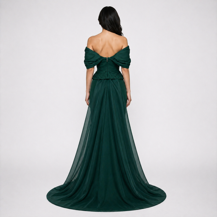 Emerald Off-Shoulder Structured Mermaid Evening Dress with Draped Train – VÉRONA