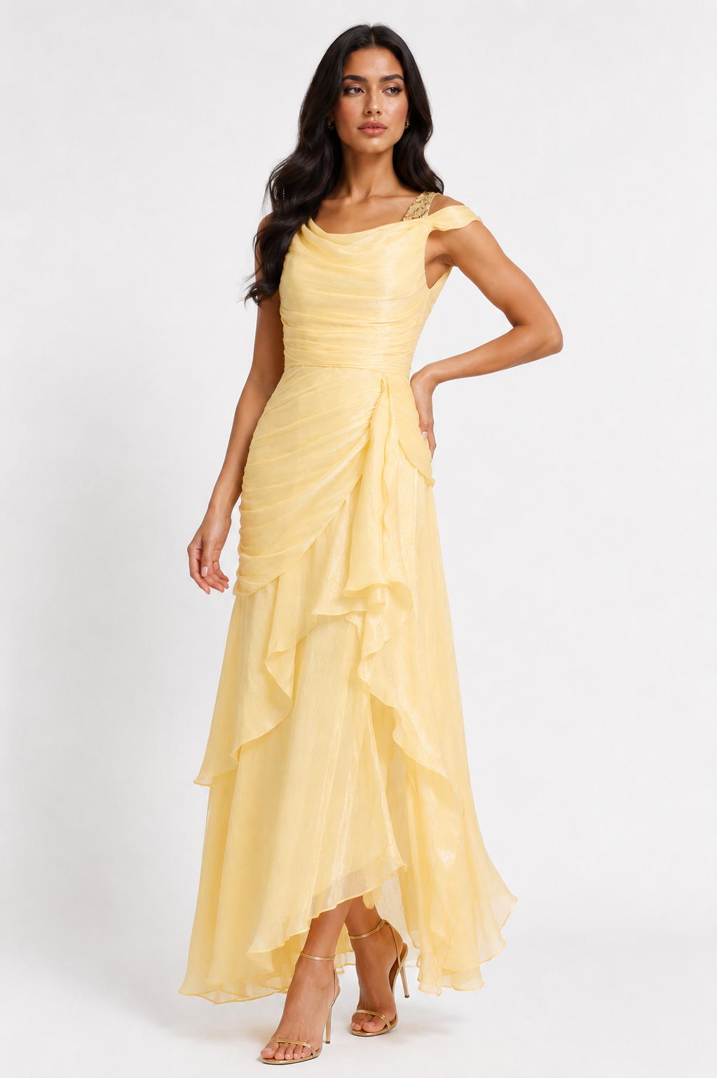 Asymmetrical Draped Chiffon Midi Dress - Buttercream