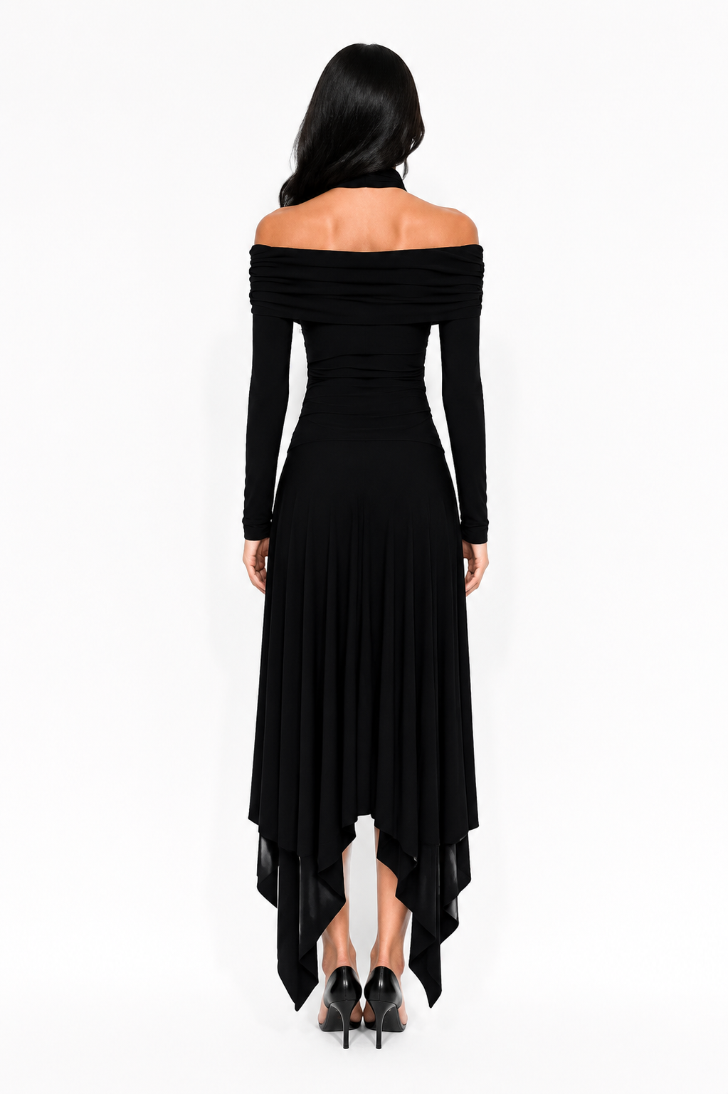 Twist Neck Asymmetrical Maxi Dress - Noir