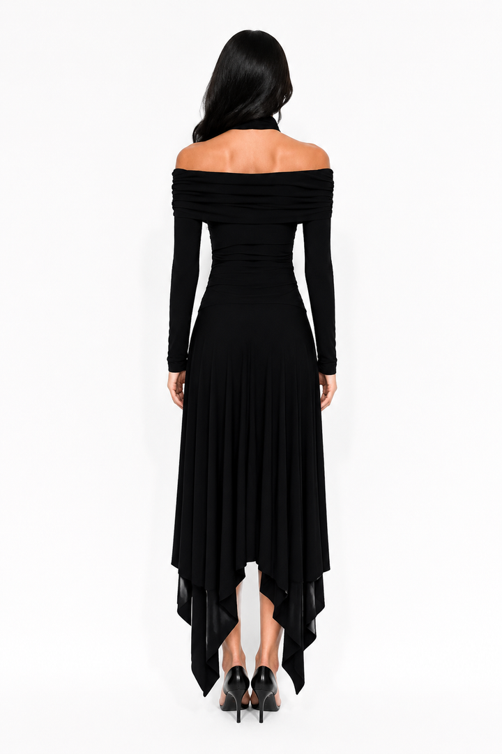 Twist Neck Asymmetrical Maxi Dress - Noir