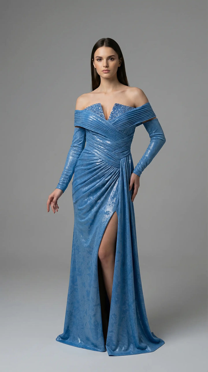 A shimmering, off-the-shoulder evening dress embellished with crystals 2436- JOLII