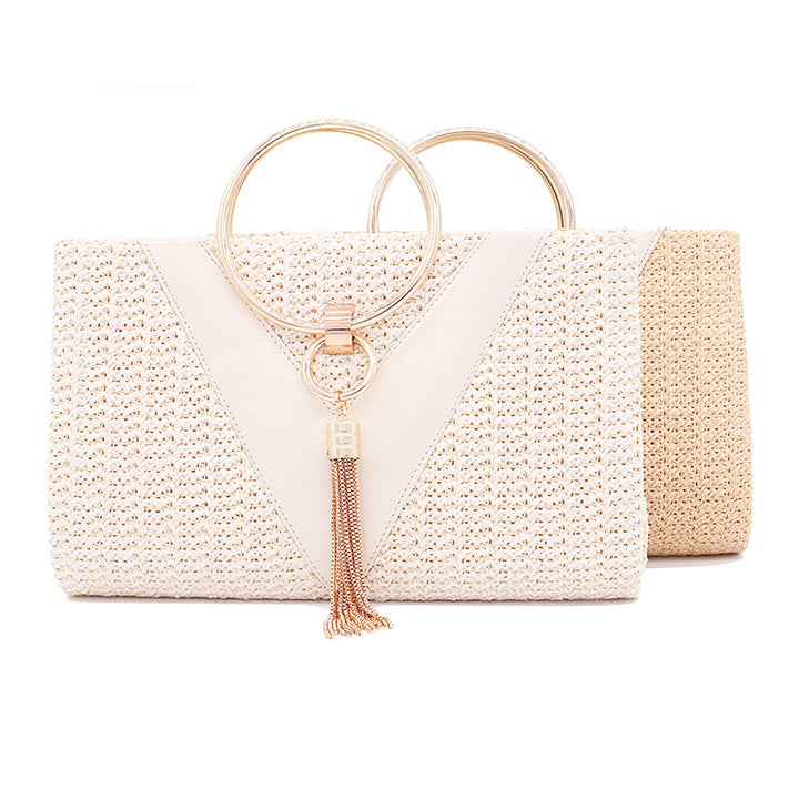 Woven handbag with gold ring handle and tassel detail - Bopi