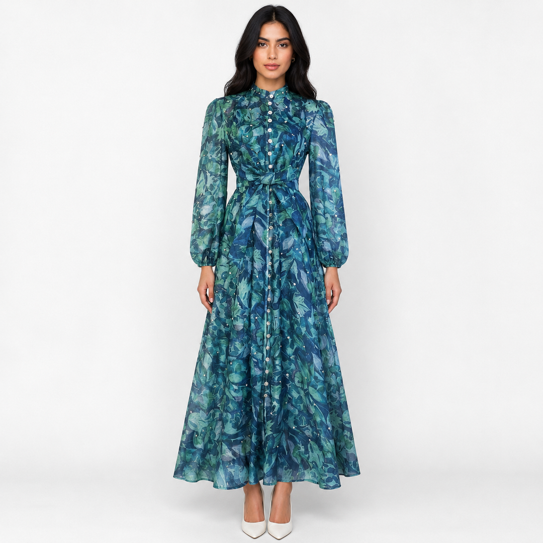 Botanical Print Maxi Dress with Waist Tie - Ocean