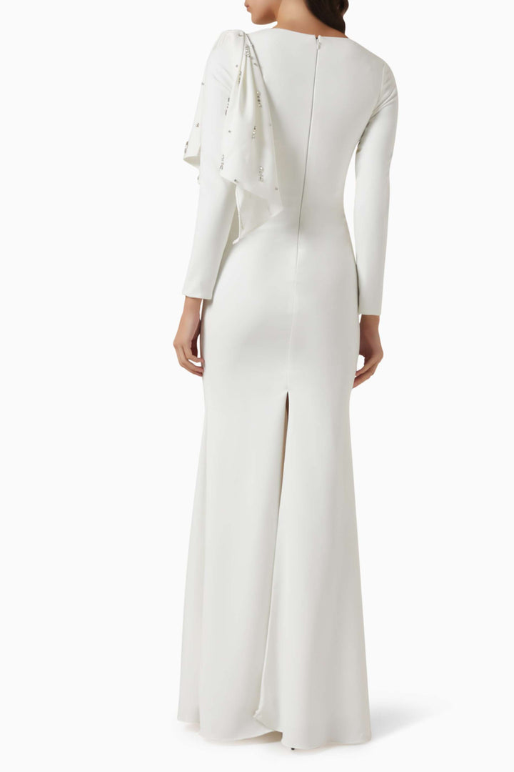 embellished draped-shoulder column gown – RUBINA