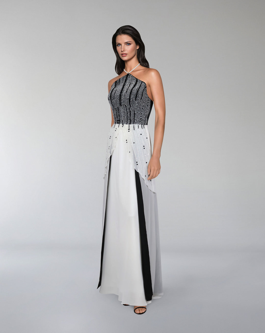 beaded dress with halter neckline and layered skirt-Reverie