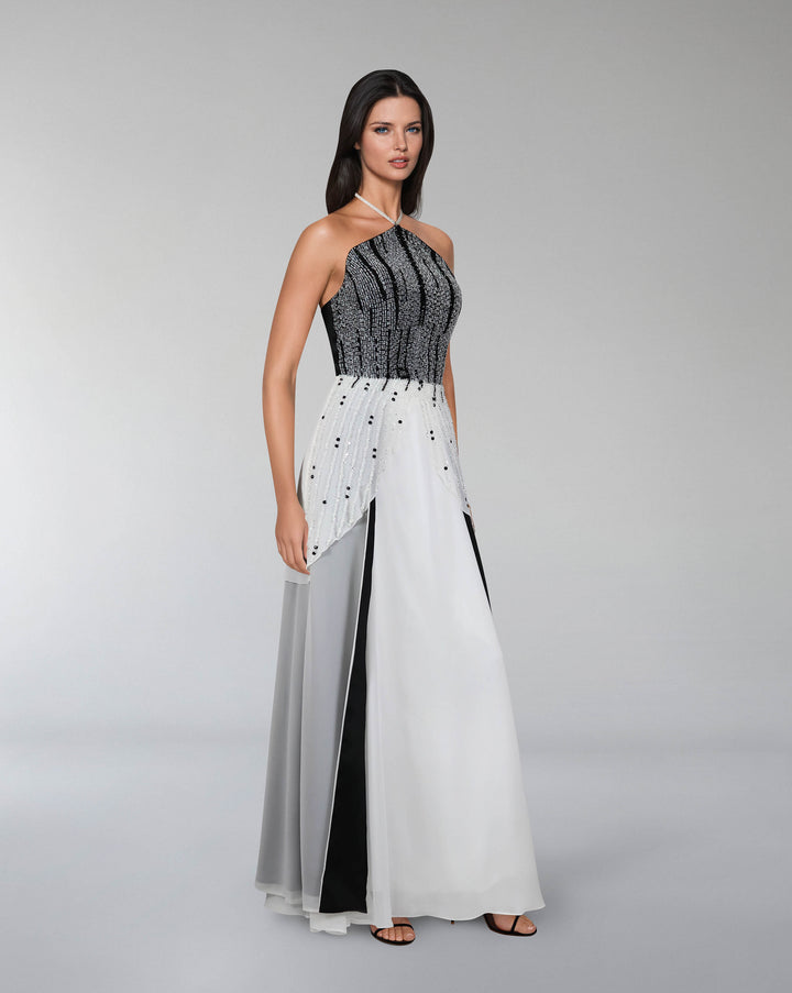 beaded dress with halter neckline and layered skirt-Reverie