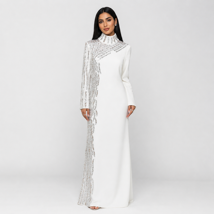 White Embellished High-Neck Evening Gown – Crystal