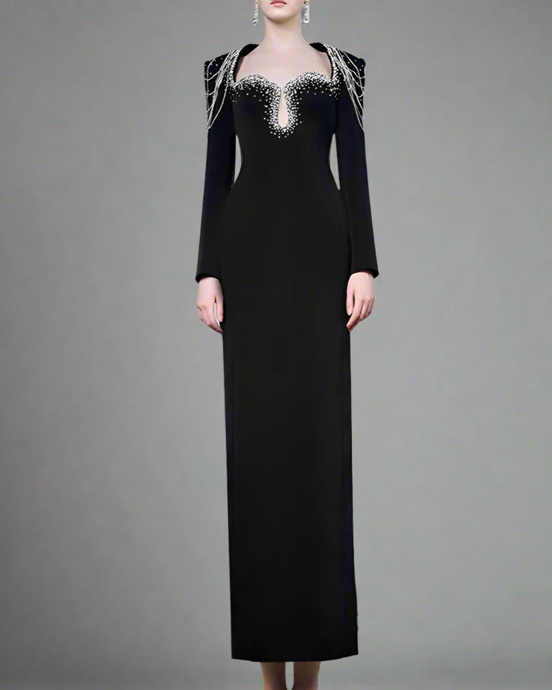 Long-Sleeve Column Dress with Beaded Shoulder Chains - ASTRA