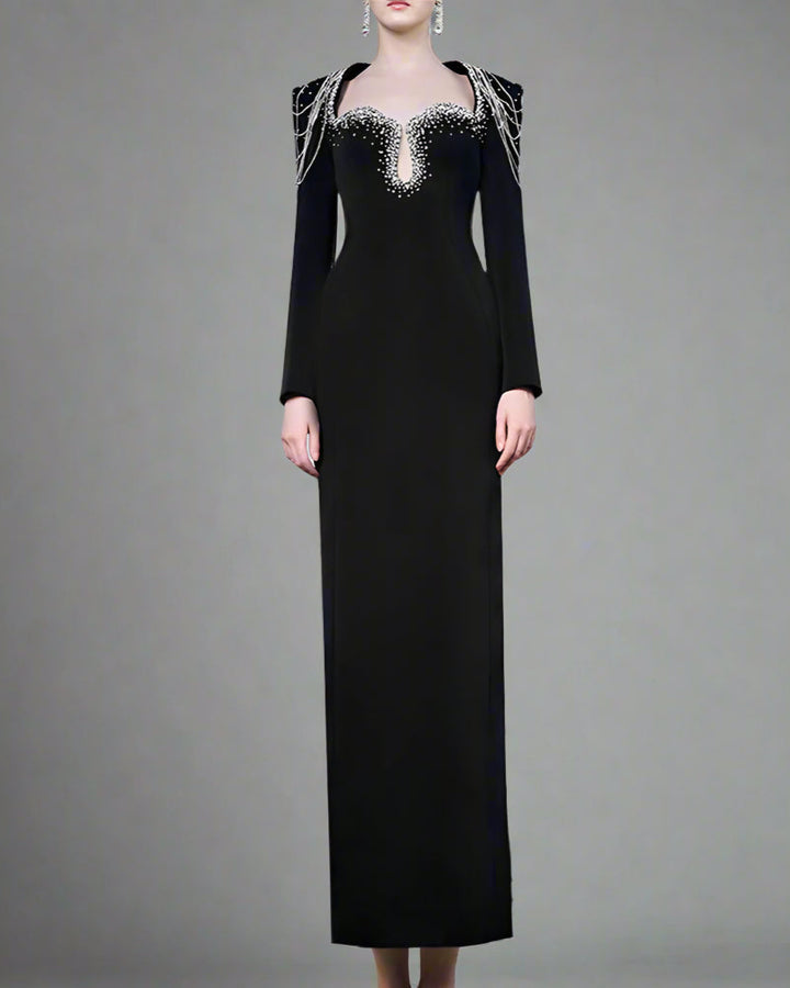 Long-Sleeve Column Dress with Beaded Shoulder Chains - ASTRA