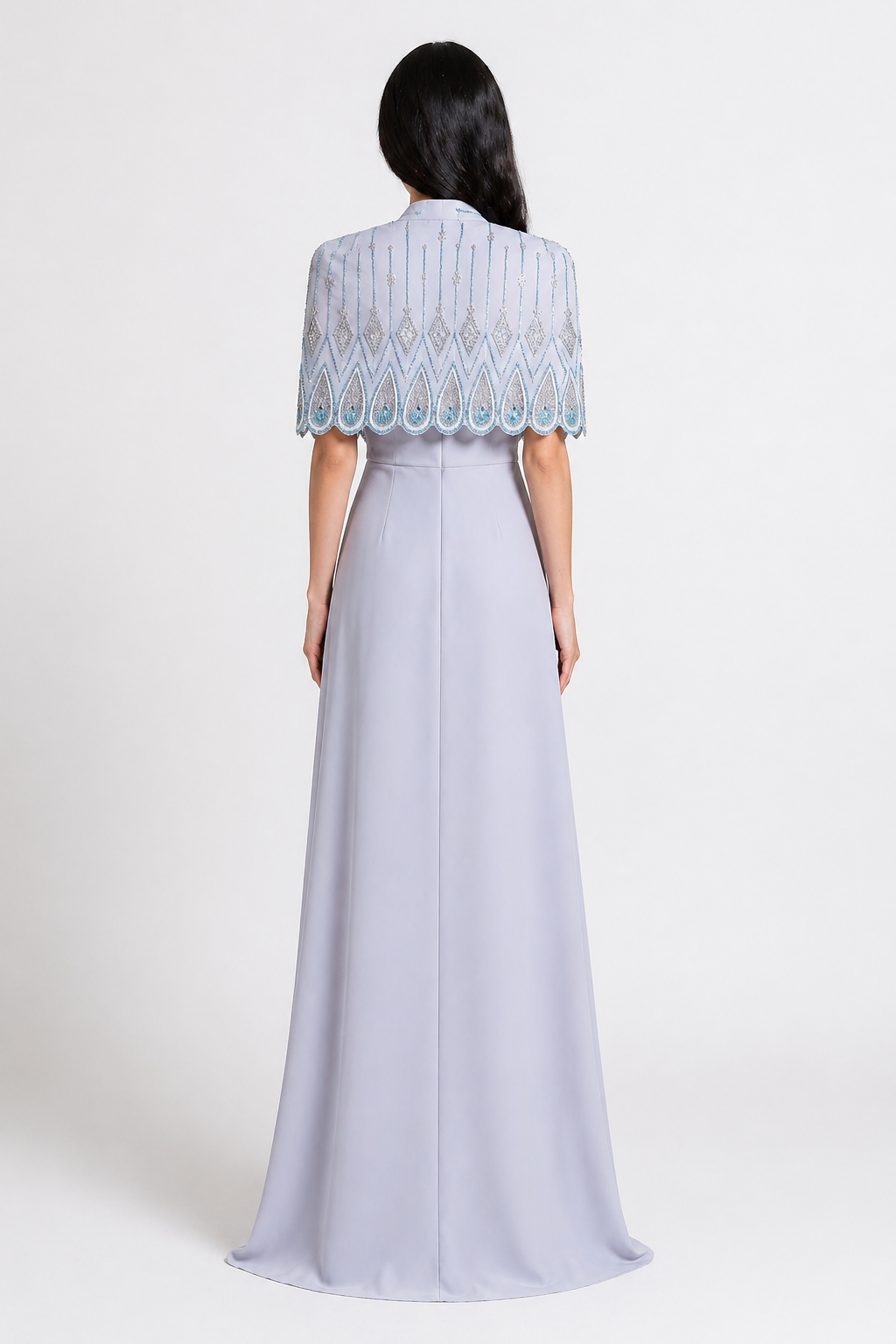Dusty Blue Draped Evening Dress with Embellished Cape Sleeves – AZURÉA