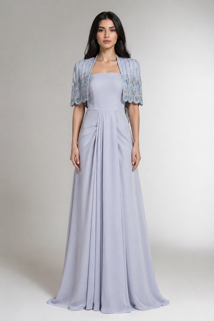 Dusty Blue Draped Evening Dress with Embellished Cape Sleeves – AZURÉA