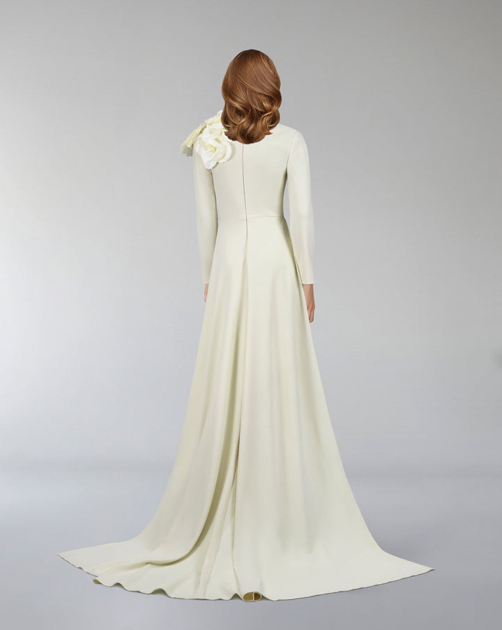 long sleeve dress with crumpled high neck and 3D flowers-Ghadah