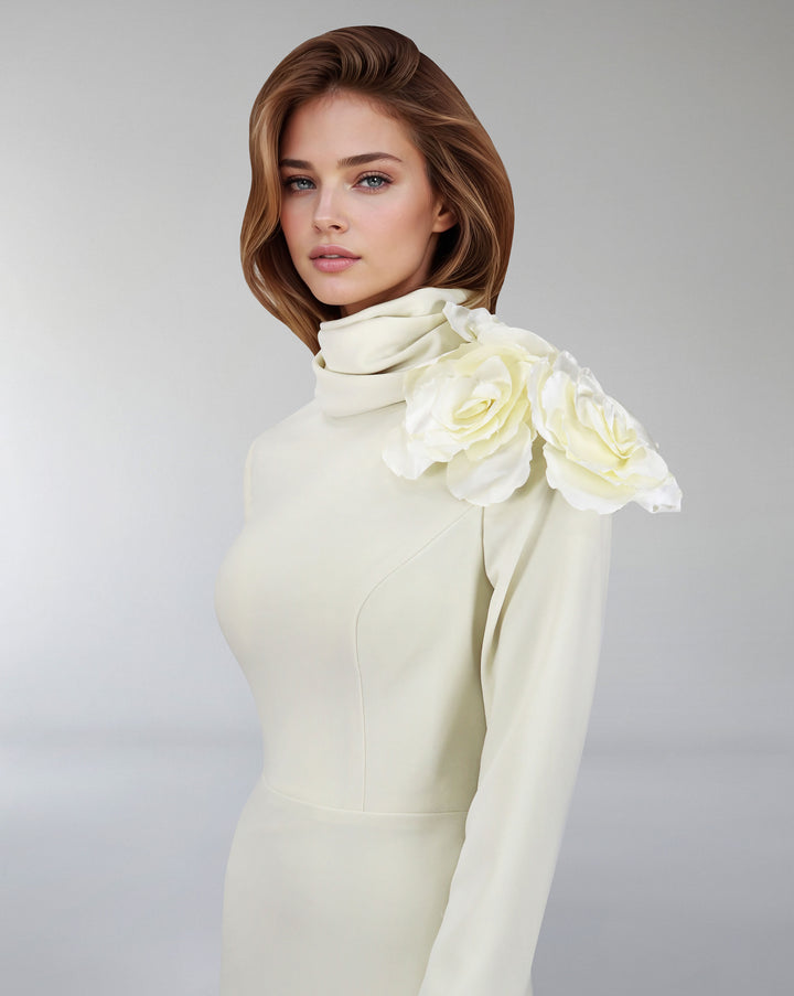 long sleeve dress with crumpled high neck and 3D flowers-Ghadah